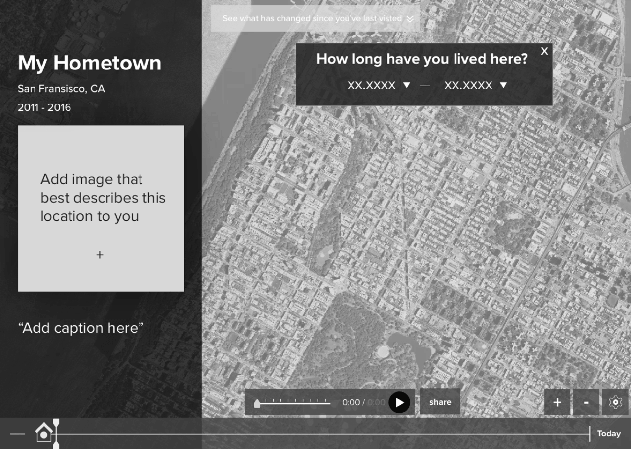 User interface screen showing a map view of San Francisco, CA from 2011 to 2016 with an option to add an image and caption describing the location.