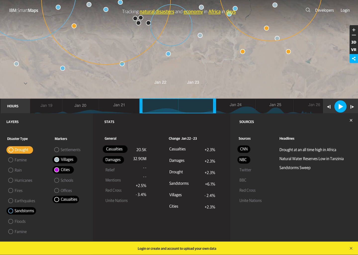 IBM SmartMaps interface displaying a map with colored markers and circles tracking drought and sandstorms in Africa from Jan 19 to Jan 26, with stats on casualties, damages, and headlines from sources like CNN and NBC.