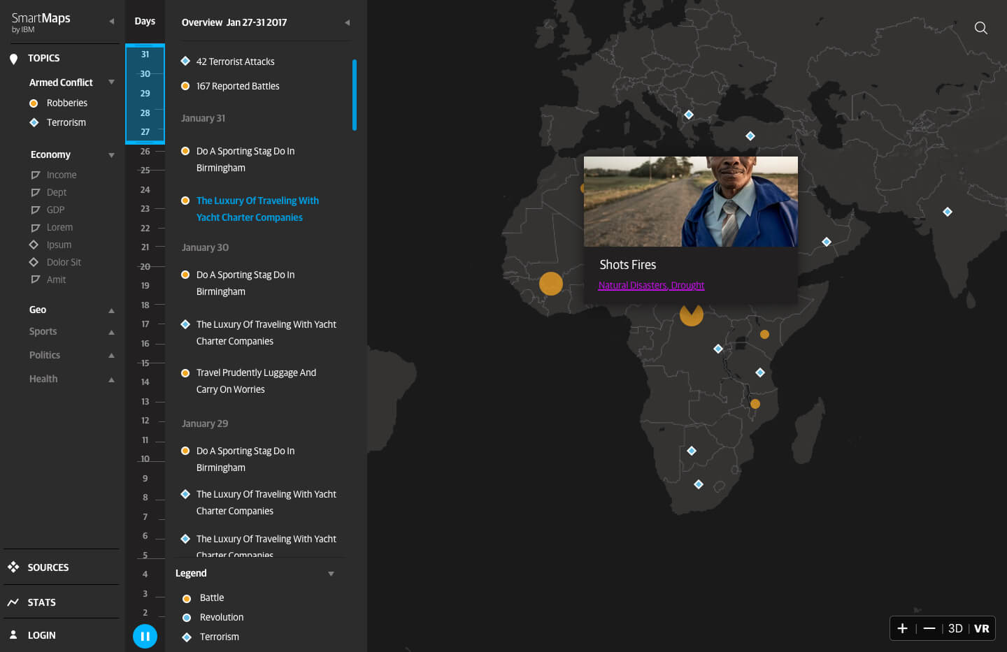 Dark-themed SmartMaps interface by IBM showing a timeline of armed conflict events from January 27-31, 2017, with a world map highlighting terrorist attacks and battles, and a popup featuring a man with the label 'Shots Fires' and links to Natural Disasters and Drought.