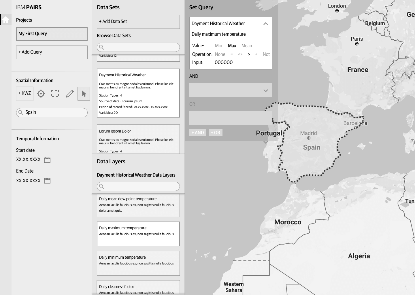 IBM PAIRS interface showing query setup with spatial focus on Spain and Portugal on a map, data sets for Dayment Historical Weather, and options for setting queries on temperature data.