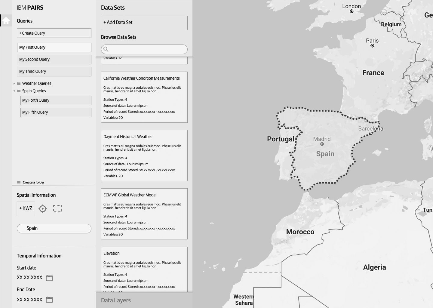 IBM PAIRS interface showing data queries and dataset details next to a map highlighting Spain with a dotted border.