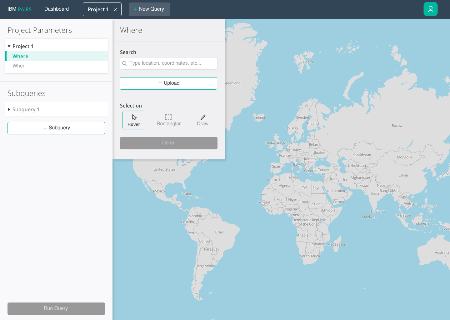 IBM PAIRS dashboard interface showing a world map with geographic regions and a sidebar for project parameters and query options including location search and selection tools.