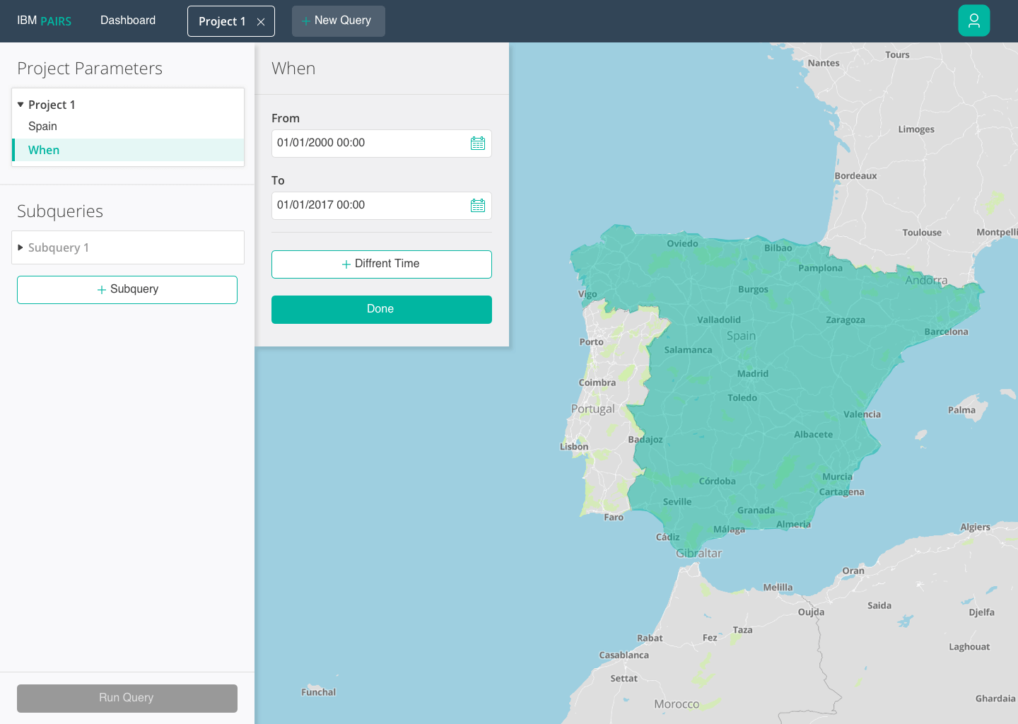 IBM PAIRS dashboard showing a project with a map of Spain selected and a date range filter from January 1, 2000 to January 1, 2017.