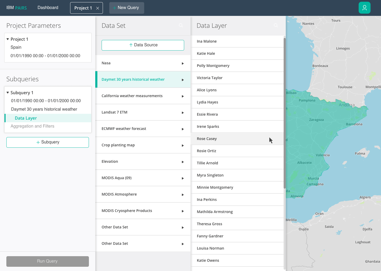 IBM PAIRS dashboard showing Project 1 with Spain selected and date range from 1990 to 2000, highlighting Daymet 30 years historical weather dataset and data layer with a list of names on the right, alongside a map of Spain.