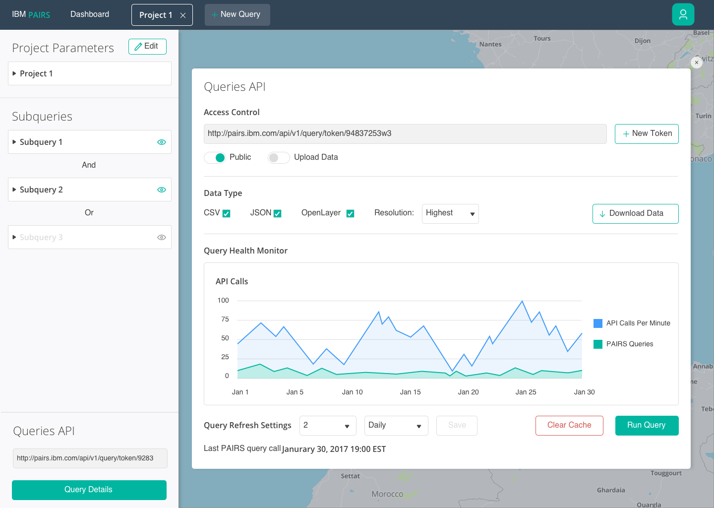 Dashboard interface showing Queries API access control, data type selection, query health monitor graph of API calls and PAIRS queries, and query refresh settings.