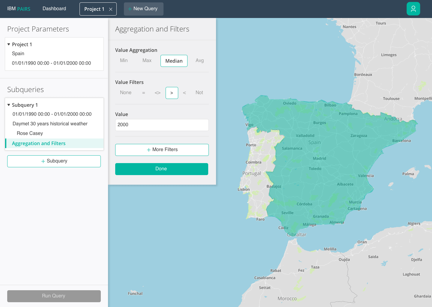 IBM PAIRS interface showing Project 1 with Spain selected, date range from 1990 to 2000, a subquery for 30 years historical weather by Rose Casey, aggregation set to median and value filter greater than 2000, with a map highlighting Spain.