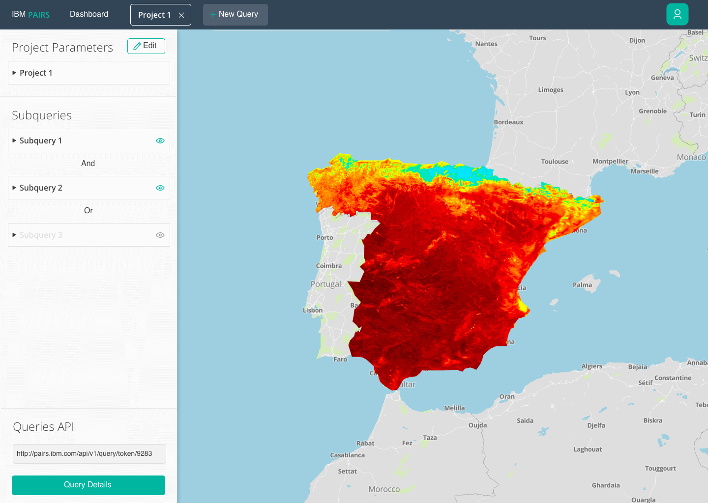 Heatmap overlay of Spain and Portugal showing data intensity with red, orange, yellow, and blue colors on an IBM PAIRS dashboard.