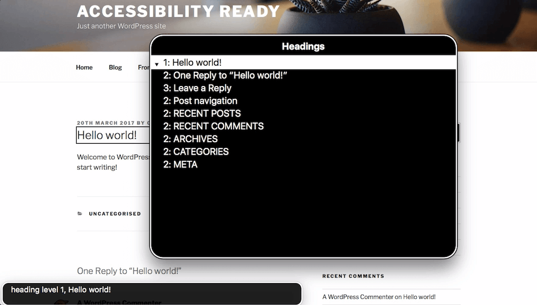 WordPress site titled 'ACCESSIBILITY READY' with a headings outline window showing heading levels and text including 'Hello world!', post navigation, and various sidebar items.