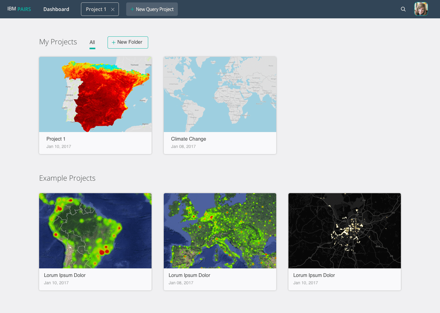 Dashboard interface showing project thumbnails including a heat map of Spain, a world map for climate change, and three example projects with heat maps over South America, Europe, and a city.