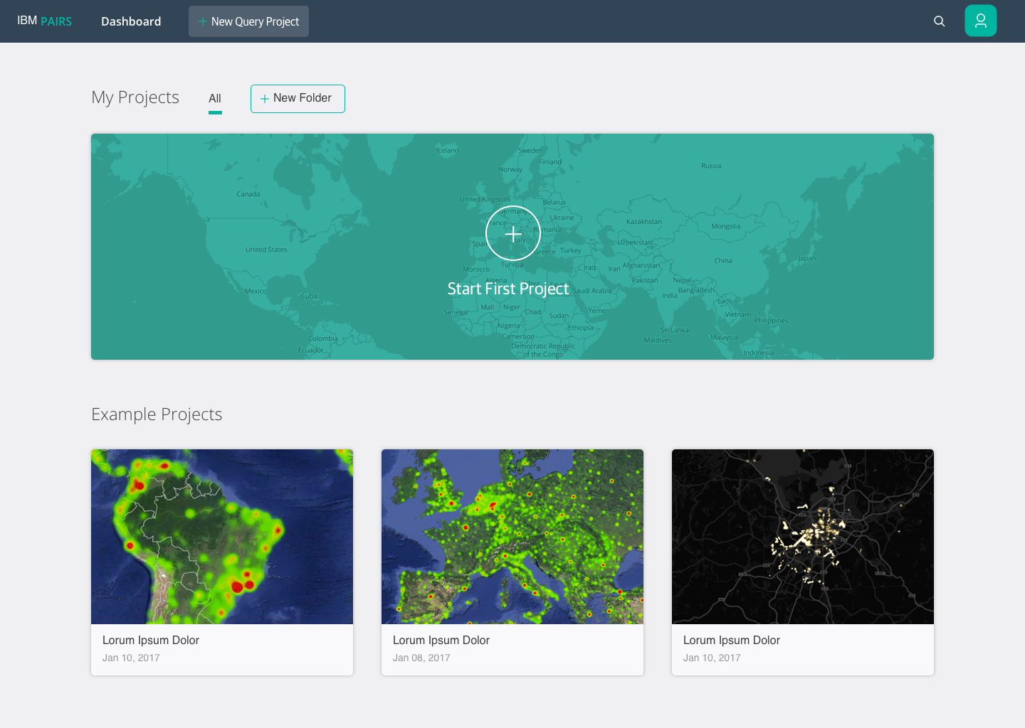 IBM PAIRS dashboard with a world map prompting to start first project and three example projects showing heat maps of South America, Europe, and a city.