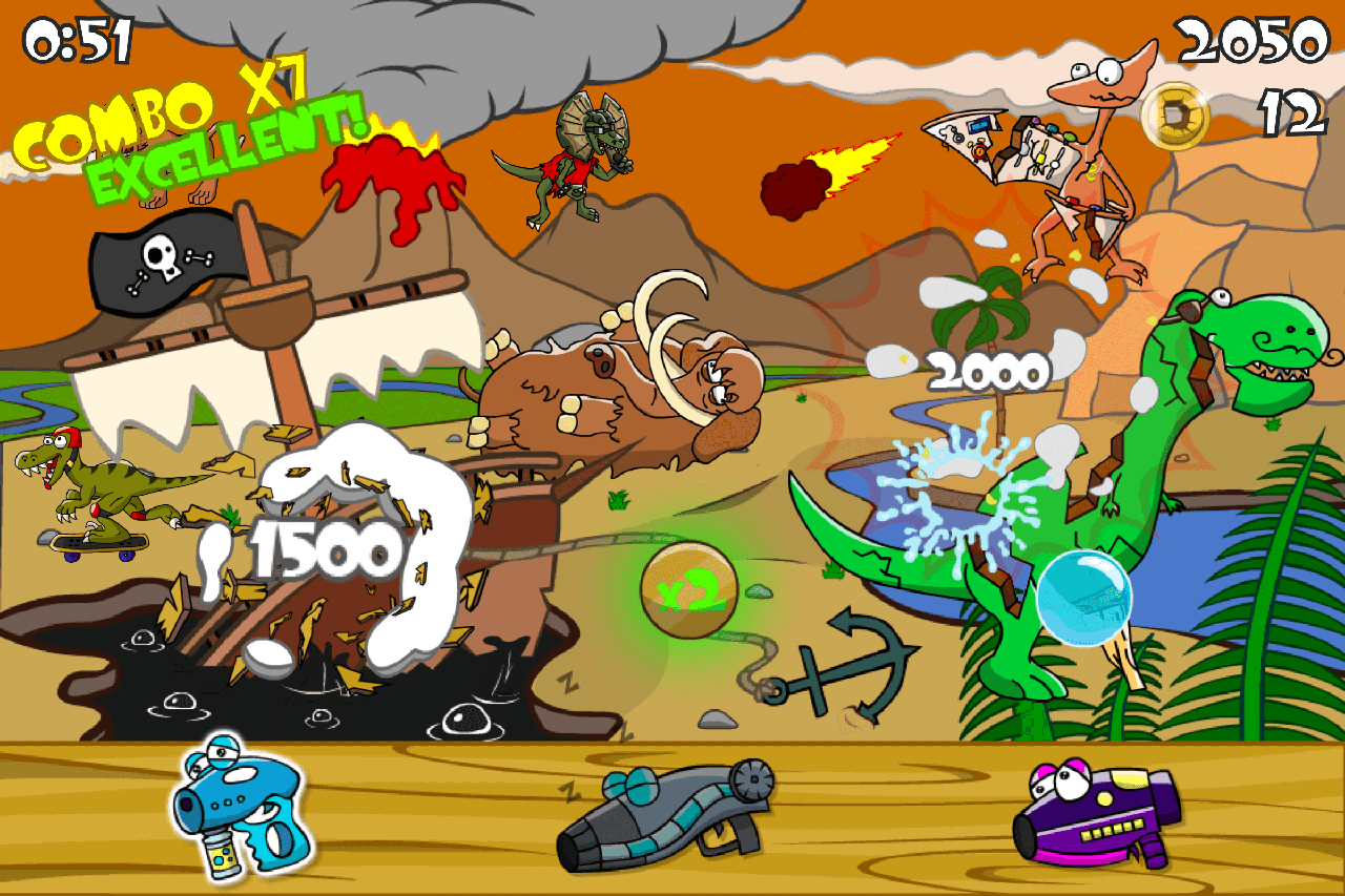 Cartoon dinosaur-themed game screen with volcano eruption, score combo, multiple dinosaurs attacking, and animated weapons at the bottom.