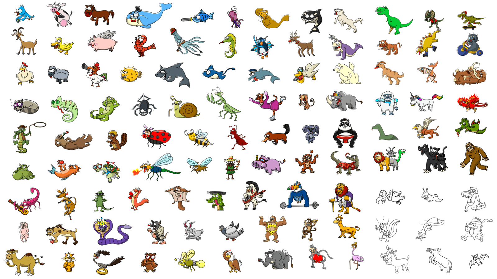 A grid of 90 small colorful cartoon animal illustrations, including diverse species like birds, fish, insects, reptiles, mammals, and mythical creatures.