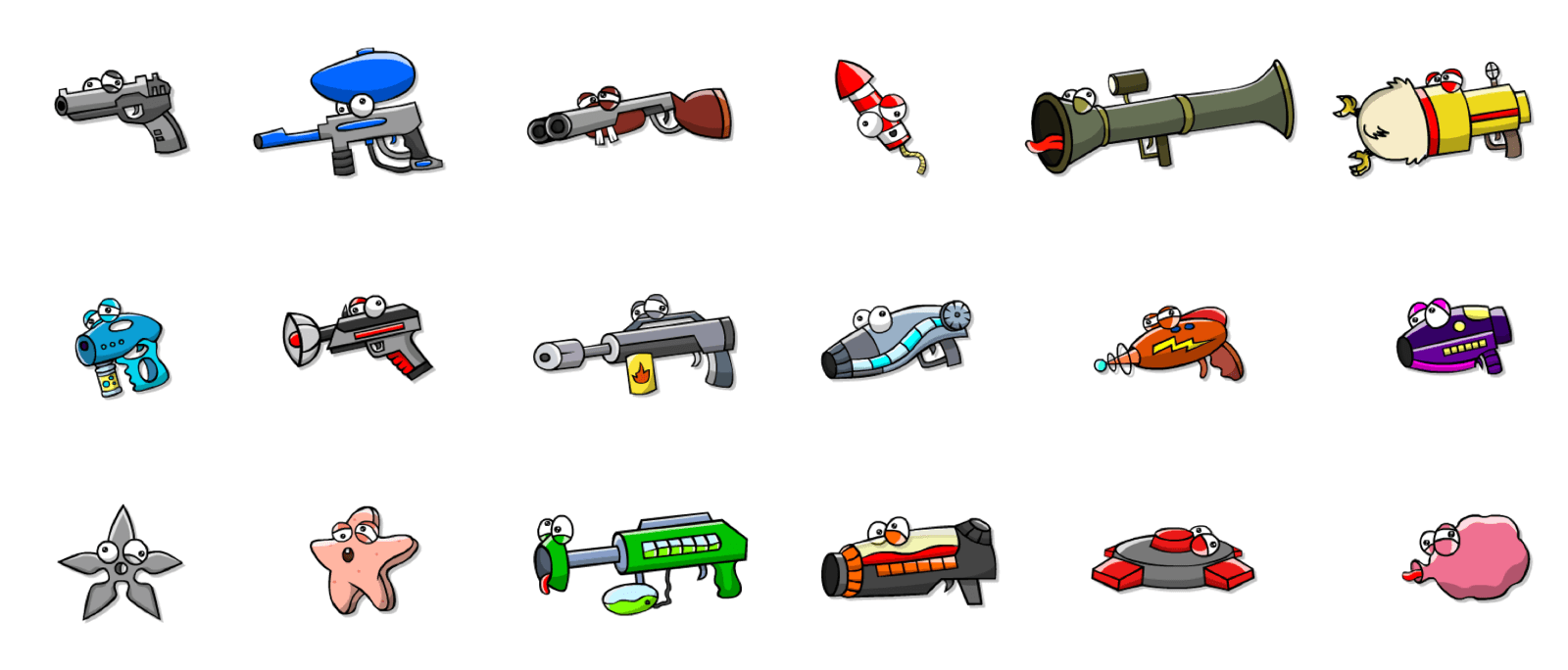 Cartoon-style collection of 18 colorful weapons and gadgets with eyes, including guns, rocket launcher, star-shaped shuriken, and a pink sheep-shaped object.