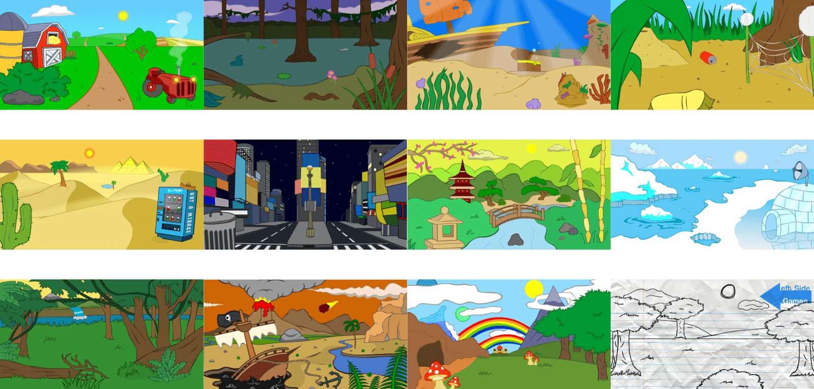 A 3x4 grid of colorful landscape illustrations including a farm, swamp, underwater scene, jungle floor, desert with vending machine, night city street, Japanese garden, snowy arctic with igloo, forest river, volcanic island, rainbow valley, and a sketch of trees on lined paper.