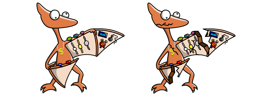 Two orange cartoon characters with big eyes each holding a swatch shaped like a panel with dials, buttons, sliders, and a screen; the left swatch is intact, the right one is cracked.