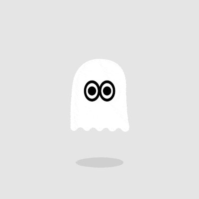 Animated white ghost with large black eyes hovering above a grey elliptical shadow on a light grey background.