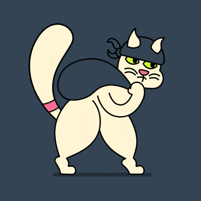 Animated cartoon cat wearing a dark bandana and shirt, looking over its shoulder with a grumpy expression.