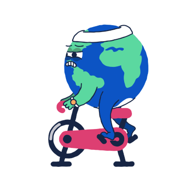 Cartoon Earth with a face wearing a white headband, riding a stationary exercise bike with a determined expression.