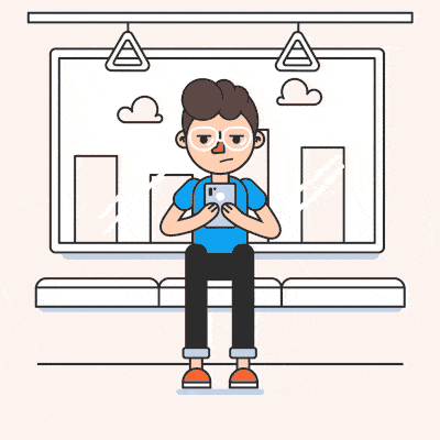 Animated graphic of a person sitting on a subway bench, using a smartphone, with a window showing clouds and buildings outside.