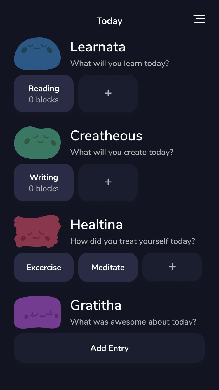 Mobile app screen titled Today featuring four mood-themed sections: Learnata for reading, Creatheous for writing, Healtina for exercise and meditation, and Gratitha for gratitude, each with cute character icons and buttons to add entries.
