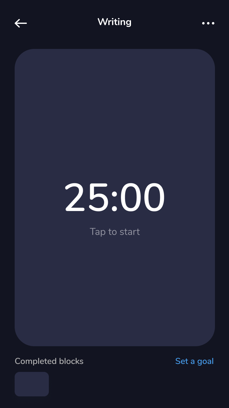 Timer app screen for writing with a 25-minute countdown and option to tap to start.