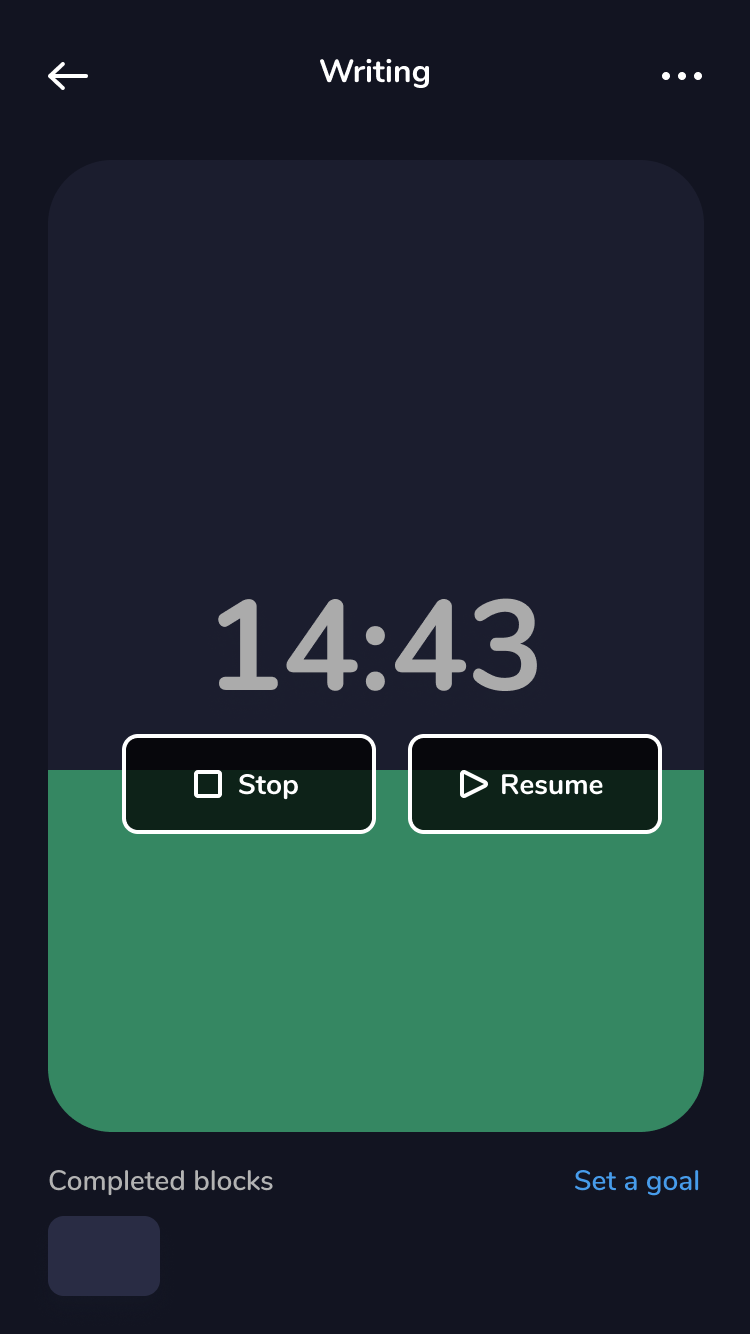 Writing timer paused at 14 minutes 43 seconds with Stop and Resume buttons on screen.