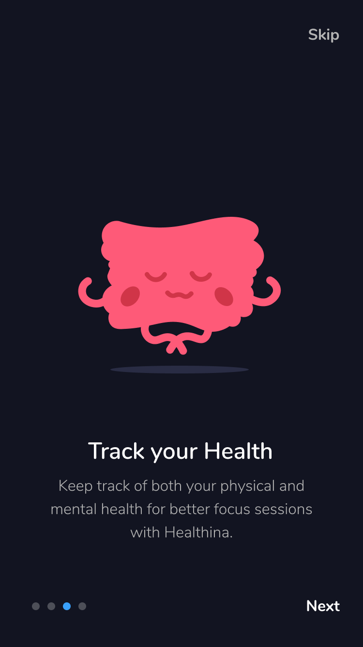 Cartoon pink intestine character meditating with eyes closed, surrounded by text about tracking physical and mental health with Healthina app.