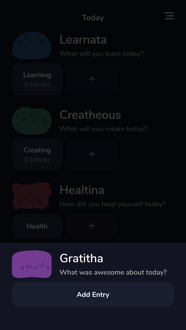 Mobile app screen showing four categories for daily activities with cartoon icons: Learnata for learning, Creatheous for creating, Healtina for health, and Gratitha for gratitude with an Add Entry button.