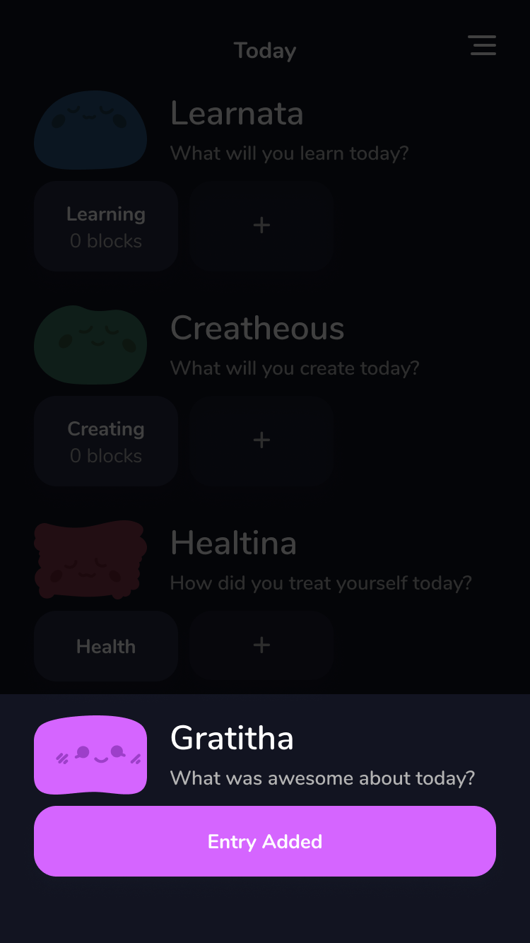 Mobile app screen showing four sections: Learnata with 0 learning blocks, Creatheous with 0 creating blocks, Healtina health section, and Gratitha with an entry added indicating 'What was awesome about today?'