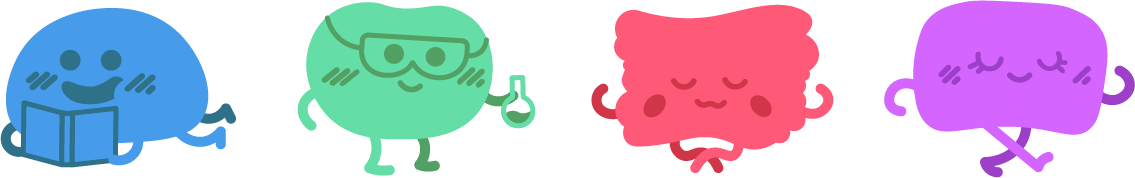 Four colorful cartoon intestines with smiling faces: blue reading a book, green with glasses holding a flask, red meditating, and purple sitting cross-legged with eyes closed.