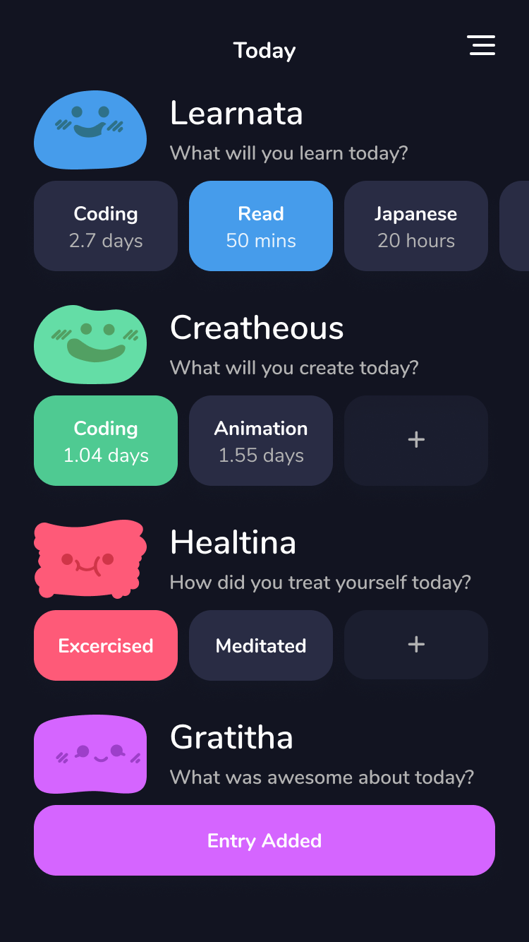 Mobile app screen showing daily activities with sections Learnata for learning, Creatheous for creating, Healtina for self-care, and Gratitha for gratitude entry on dark background.