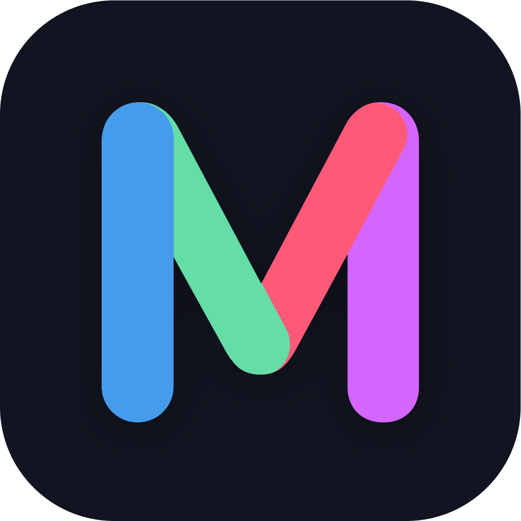 Letter M composed of four rounded bars in blue, green, red, and purple on a dark rounded square background.