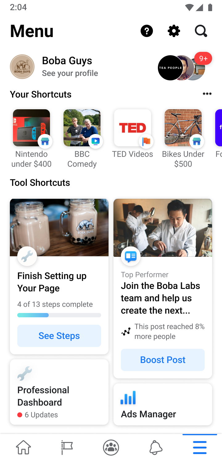 Mobile app menu screen showing user profile Boba Guys, shortcuts to Nintendo under $400, BBC Comedy, TED Videos, Bikes Under $500, and tools including page setup progress, team post boost, professional dashboard updates, and ads manager.