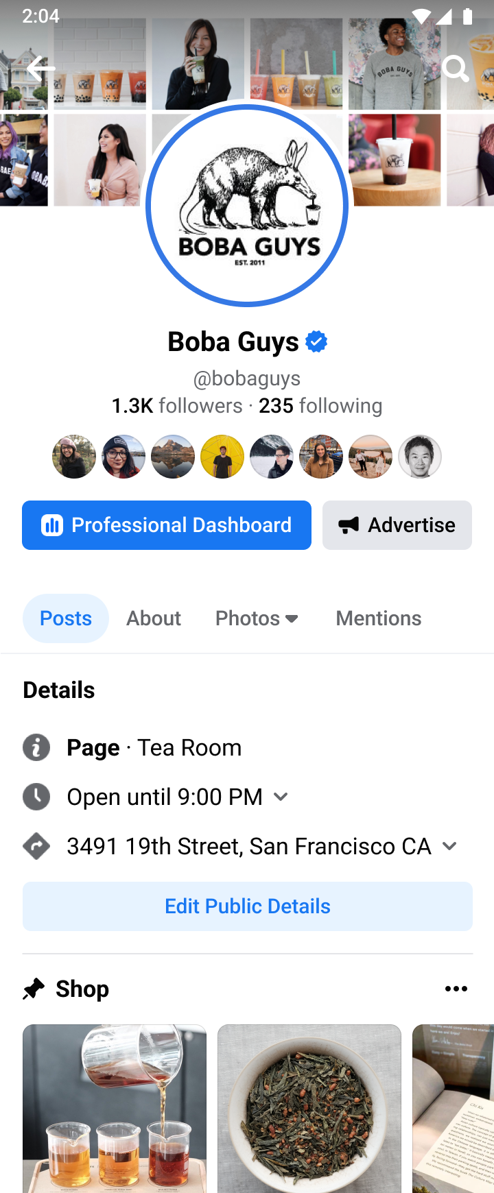Boba Guys Facebook page screenshot showing profile with armadillo logo, 1.3K followers, location in San Francisco, and shop items including tea pouring and loose leaf tea.