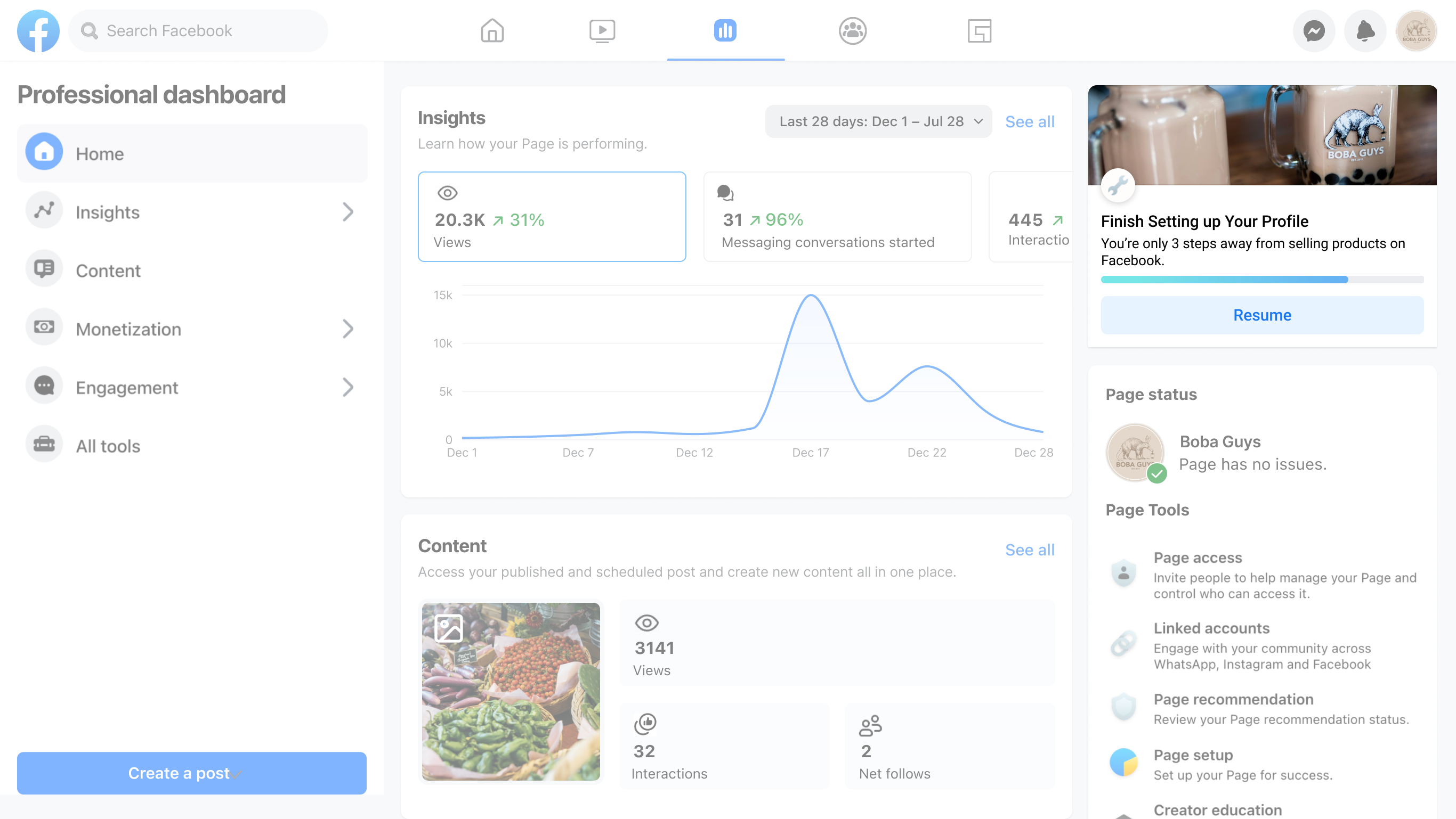 Facebook Professional Dashboard showing insights with 20.3K views, 31 messaging conversations started, and a graph of page performance from Dec 1 to Jul 28, plus options to manage content, page status, and tools.