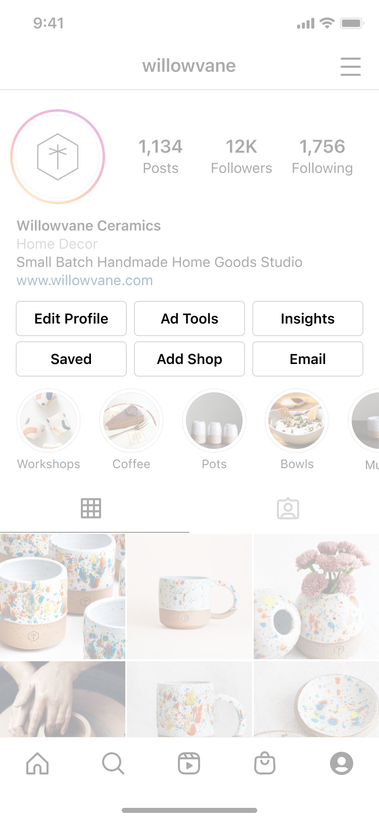 Instagram profile page of Willowvane Ceramics showing a handmade home goods studio with colorful speckled ceramic pottery in the posts.