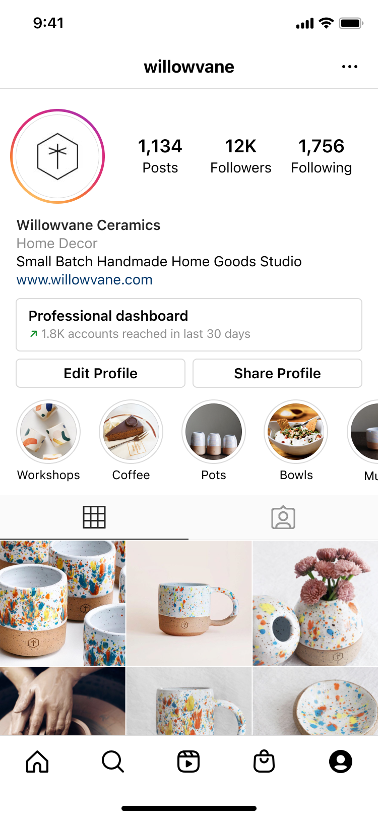 Instagram profile of Willowvane Ceramics showing handmade colorful speckled pottery including mugs, bowls, and pots.