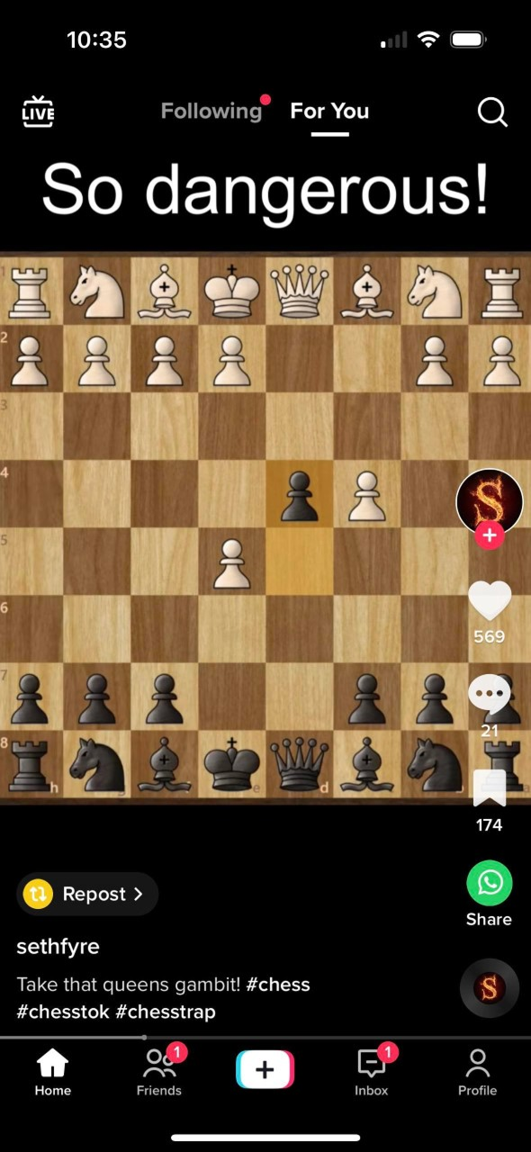 TikTok video showing a chessboard mid-game with the caption 'So dangerous!' and the comment 'Take that queens gambit!' with hashtags chess, chesstok, and chesstrap.