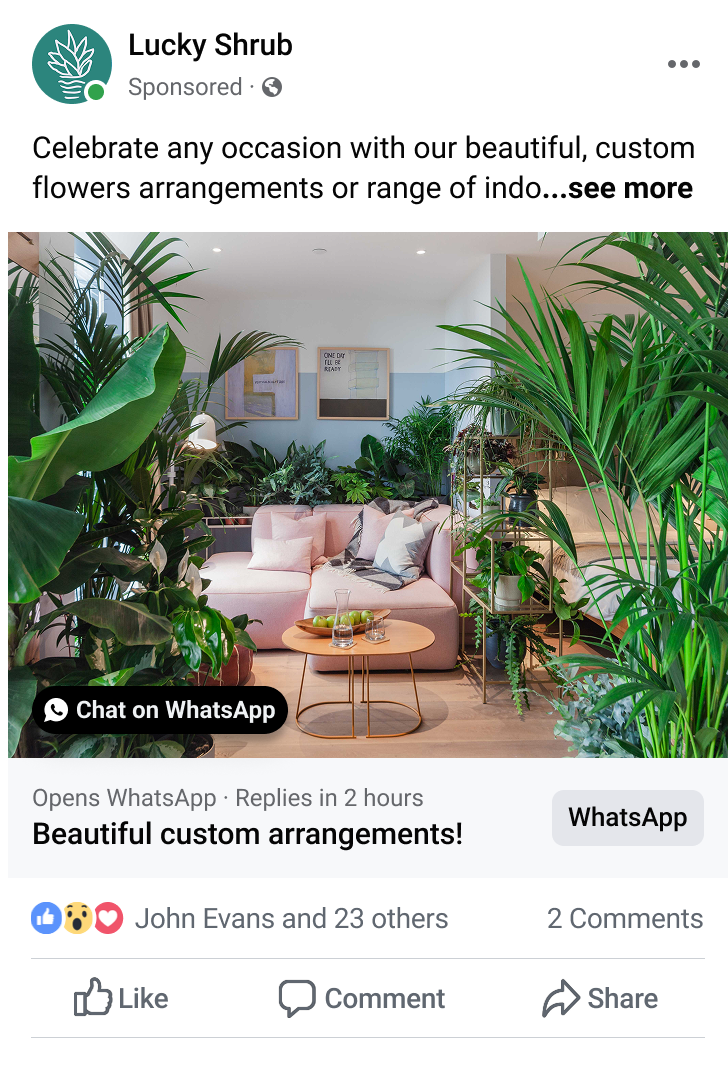 Indoor living room with a pink sectional sofa surrounded by various lush green plants and a round wooden coffee table with glasses and limes on it.