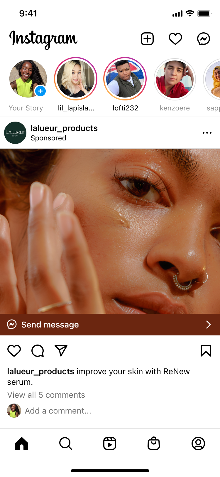 Close-up of a person applying skincare serum on their cheek with their fingers.