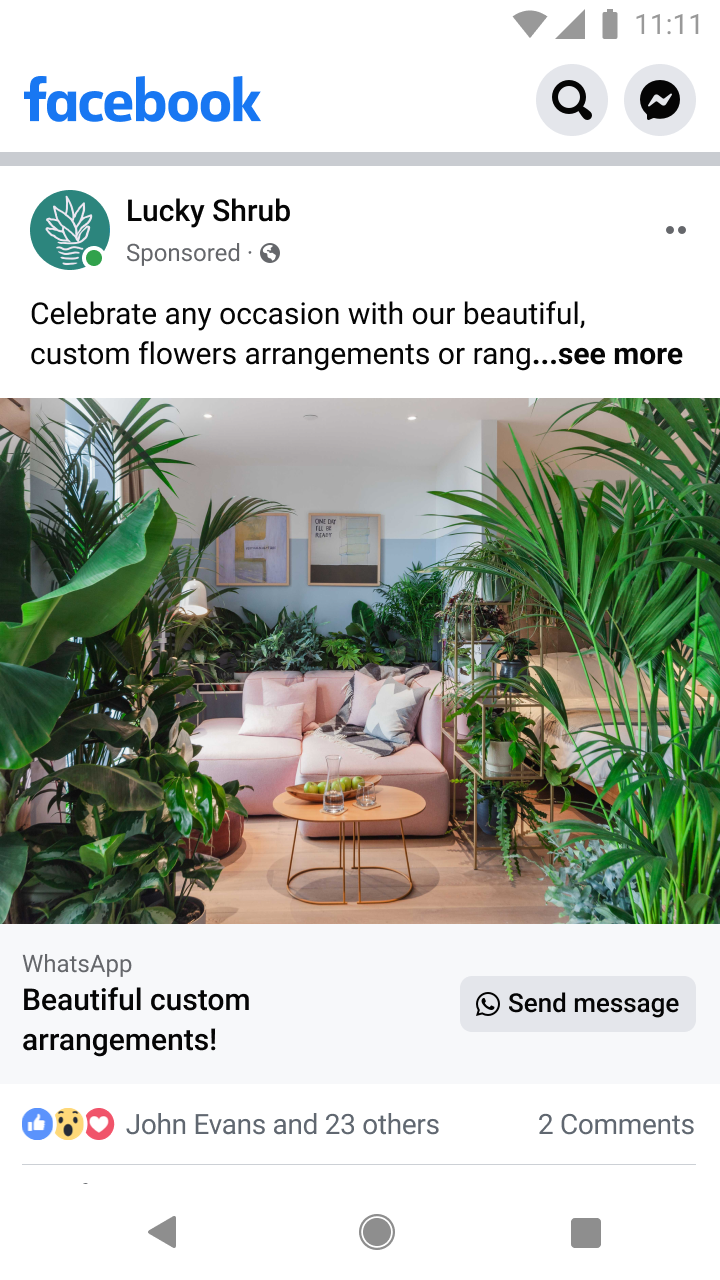 Living room with pink sofa, wooden tables, and various green houseplants surrounding the space.