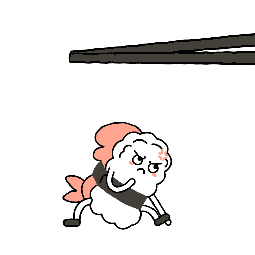 Animated angry sushi character with pink fish tail and black belt attacking a pair of chopsticks.