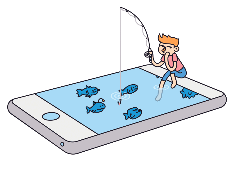 Cartoon of a person fishing with a rod while sitting on the edge of a giant smartphone screen displaying water and cartoon fish.