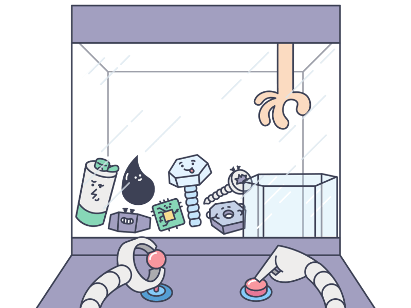 Claw machine game with cartoon-style items resembling a battery, drop of liquid, microchip, bolt, screw, and a nut inside, and a mechanical claw hovering above the glass box.