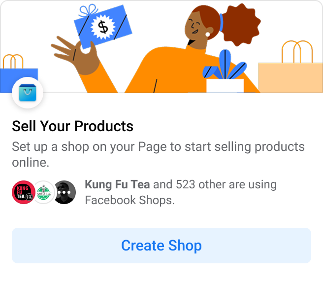 Illustration of person holding a gift card with shopping bags and gift boxes, promoting setting up a shop to sell products online.