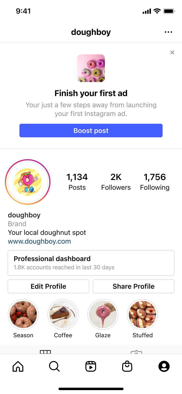 Instagram profile page for doughboy, a doughnut brand with 1,134 posts, 2K followers, and 1,756 following; shows profile picture of a pink doughnut cartoon, bio stating 'Your local doughnut spot' with website link, professional dashboard info, and story highlights labeled Season, Coffee, Glaze, and Stuffed with respective doughnut and dessert images.