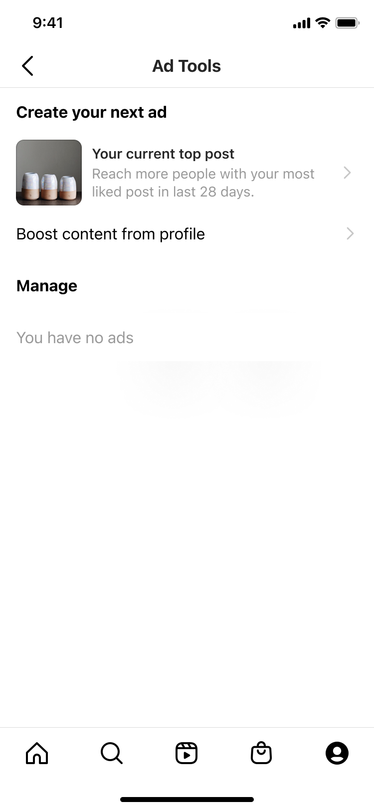 Instagram Ad Tools screen showing options to create a new ad with your top post, boost content from profile, and manage ads with no current ads.