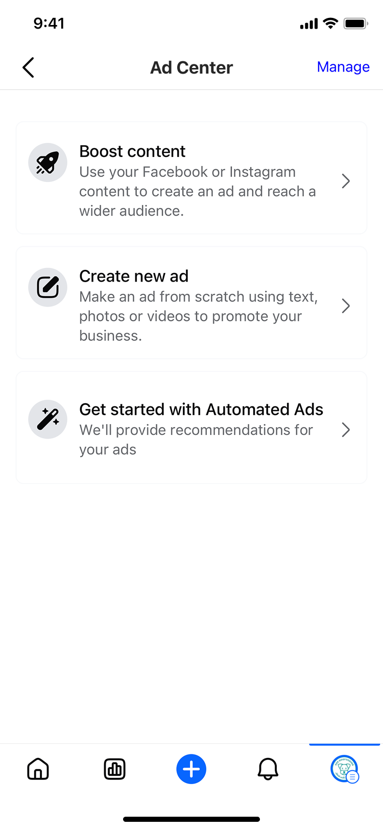 Mobile screen showing Ad Center menu with options to Boost content, Create new ad, and Get started with Automated Ads.