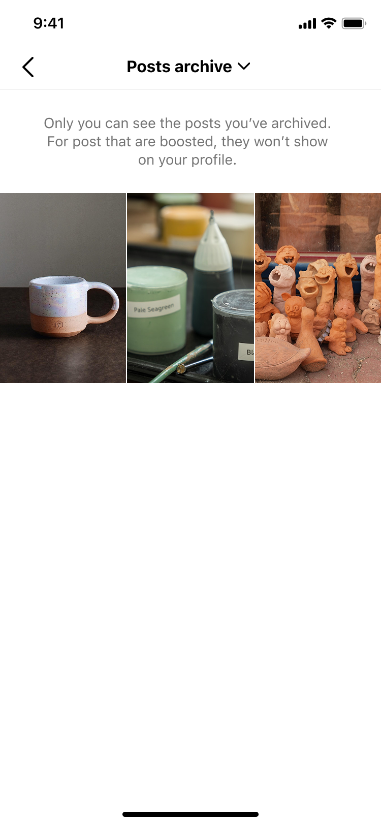 Mobile screen showing archived posts with a ceramic cup, paint containers labeled Pale Seagreen and Black, and clay figurines with expressive faces.