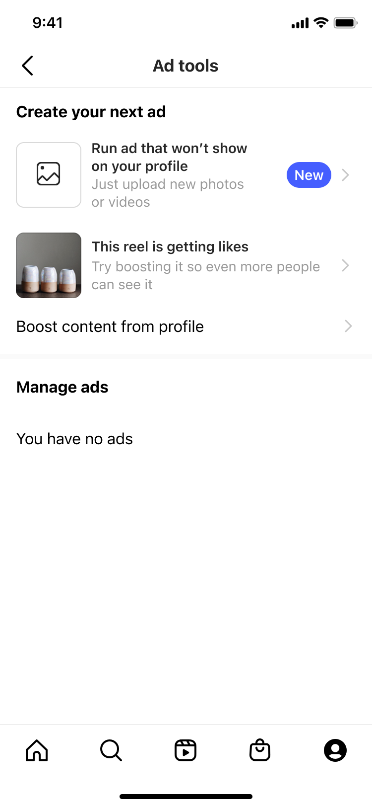 Mobile app screen titled Ad tools showing options to create ads including running ads not shown on profile and boosting reels, with no current ads.